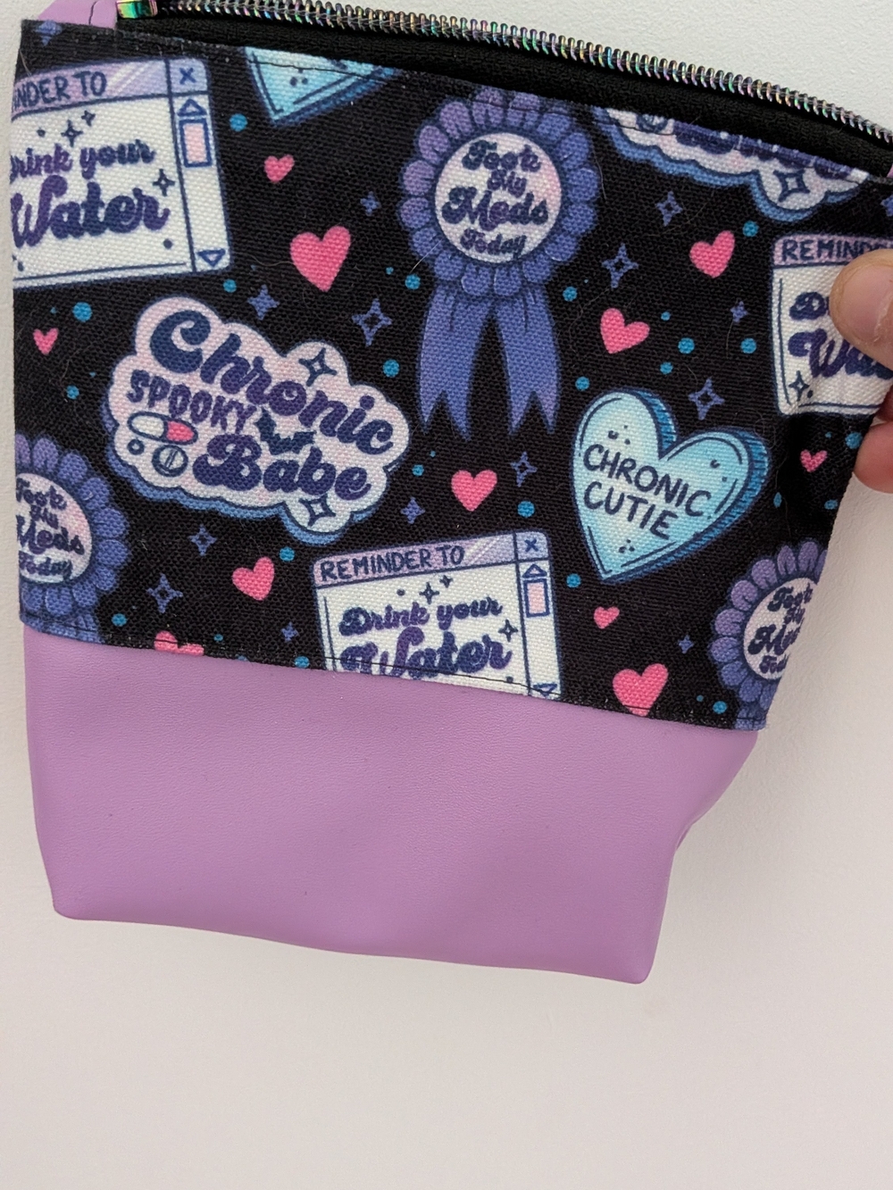 Kids Lavender and Black Cosmetic Pouch with Heart Print
